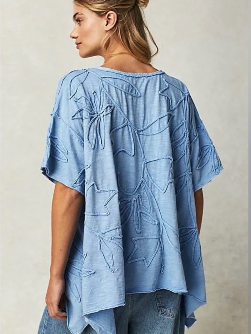 Free People We The Free Blooming Tee Top Blue XS Distressed Boho Oversized
